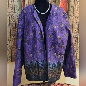 Coldwater Creek Purple Open Front Blazer with Gold Mandela Design